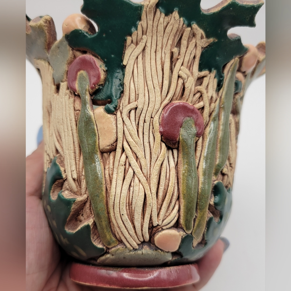 Handmade Art Pottery Candle Holder. Artist Signed. Woodland Design. - Picture 3 of 13